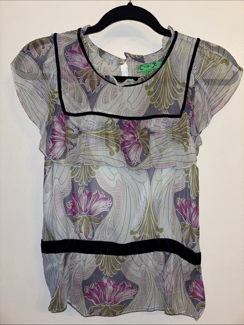 Sheer Silk Floral Ruffle Blouse - Light Blue/Purple/Green